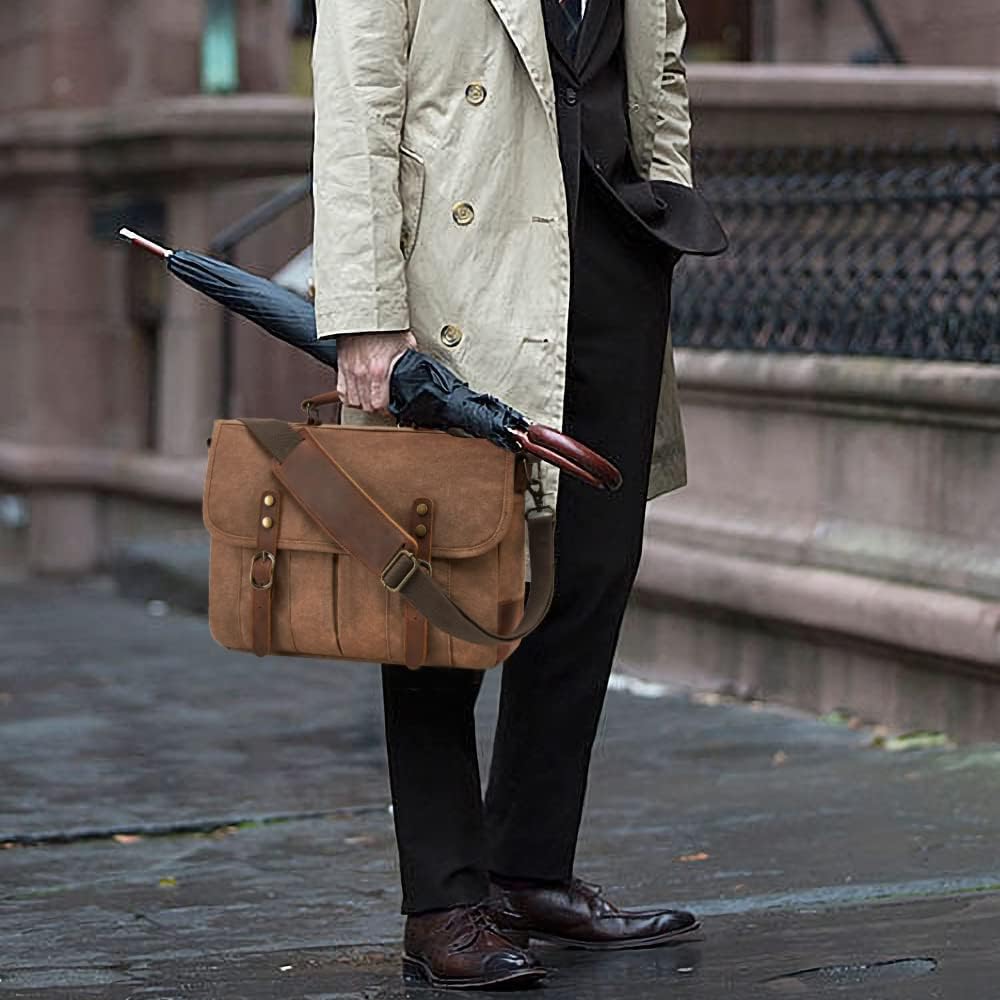 Mens Messenger Bag 15.6 Inch Waterproof Vintage Genuine Leather Waxed Canvas Briefcase Retro Office Computer Laptop Bag Large School Satchel Shoulder Bag for Men Women， Brown - Image 6
